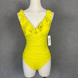 Dkny Ruffle Plunge Underwire Tummy Control One-Piece Swimsuit Yellow Small NWT's